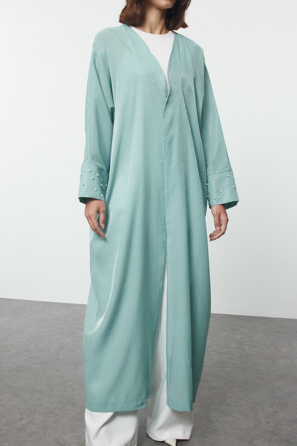 Trendyol Mint Pearl Detailed Woven Shiny Fabric Cap & Abaya & Abaya
