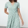 Trendyol Mint Printed Double Breasted Neck Knitted Mini Dress