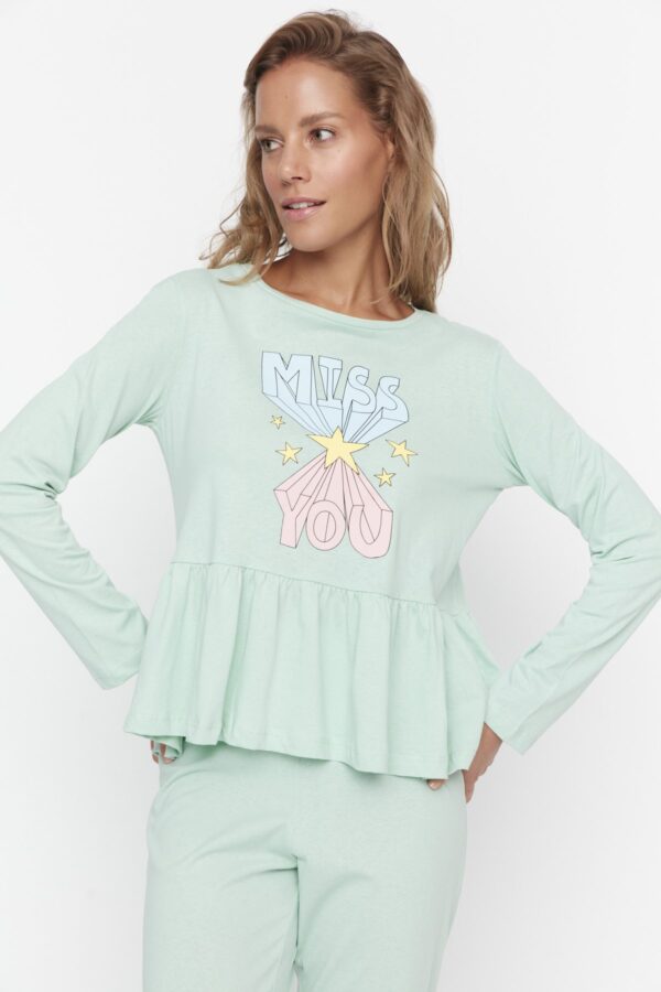 Trendyol Mint Ruffle Detailed Knitted Pajamas Set