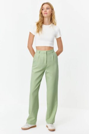 Trendyol Mint Straight/Straight Cut Pleated Woven Fabric Trousers