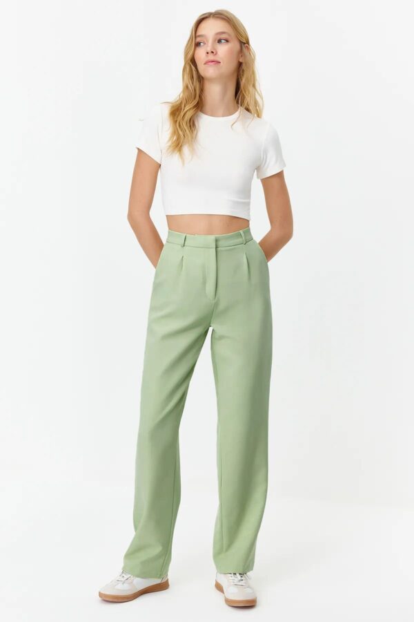 Trendyol Mint Straight/Straight Cut Pleated Woven Fabric Trousers