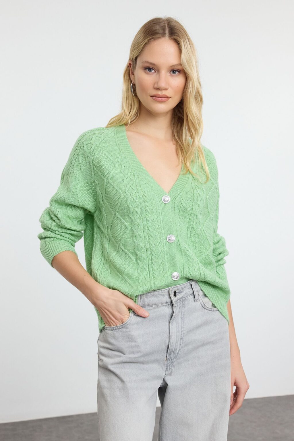Trendyol Mint Wide Pattern Glittery Knitted Cardigan