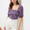 Trendyol Multi Color Crop Woven Square Neck Floral Pattern Blouse