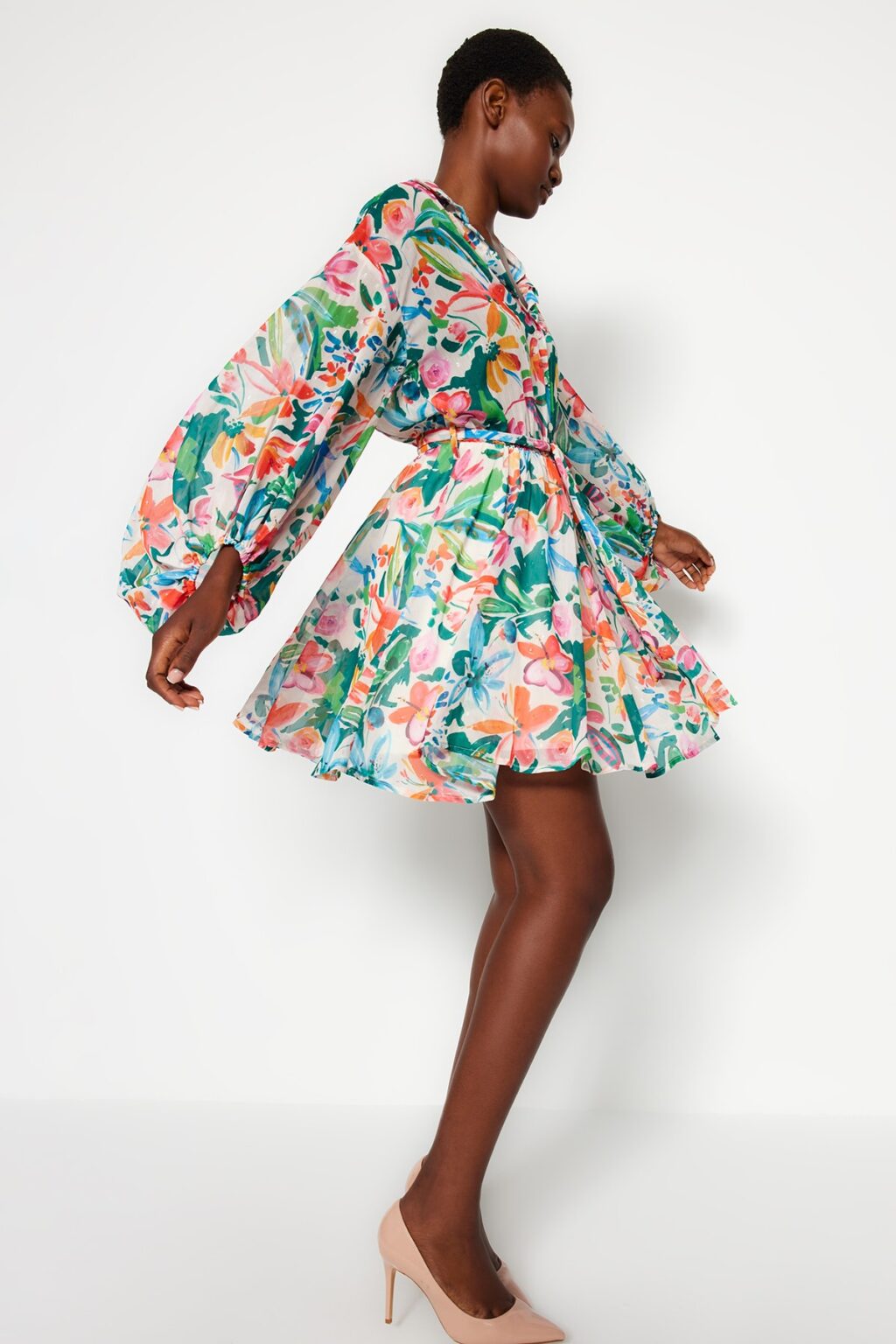 Trendyol Multi Color Floral Pattern Waist Open Mini Lined Chiffon Woven Dress