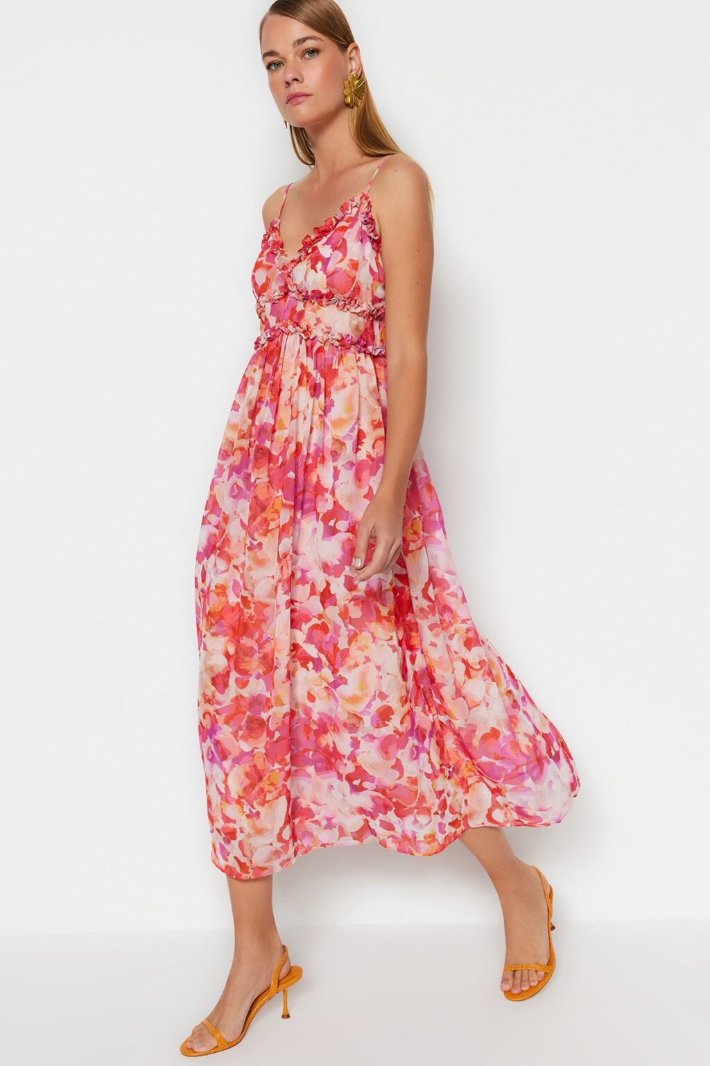 Trendyol Multi Color Floral Print A-Cut Ruffle Detail Lined Chiffon Maxi Woven Dress