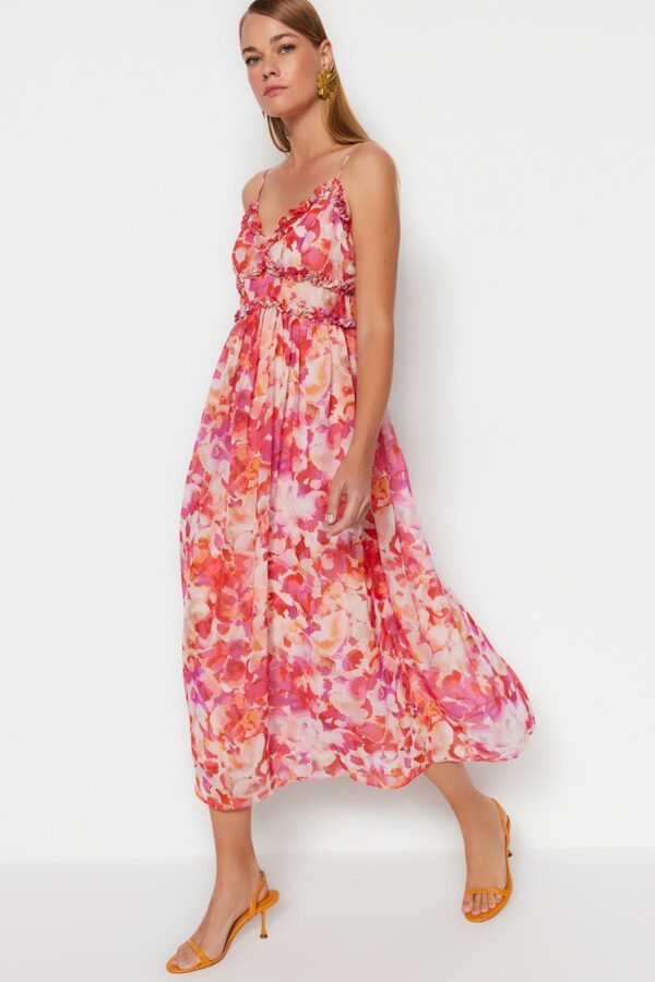 Trendyol Multi Color Floral Print A-Cut Ruffle Detail Lined Chiffon Maxi Woven Dress