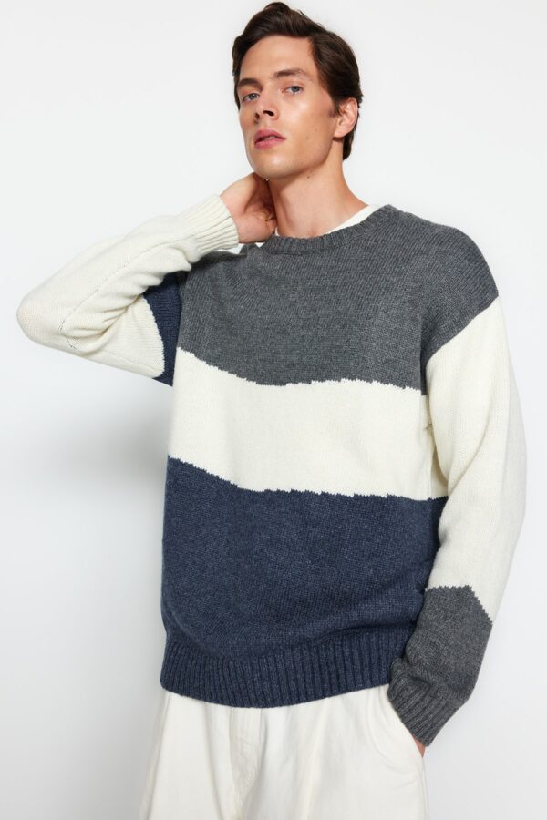 Trendyol Multi Color Oversize Fit Oversize Crew Neck Color Block kötöttáru pulóver