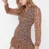 Trendyol Multi Color Ruffle Detail nyomtatott sifon szőtt ruha