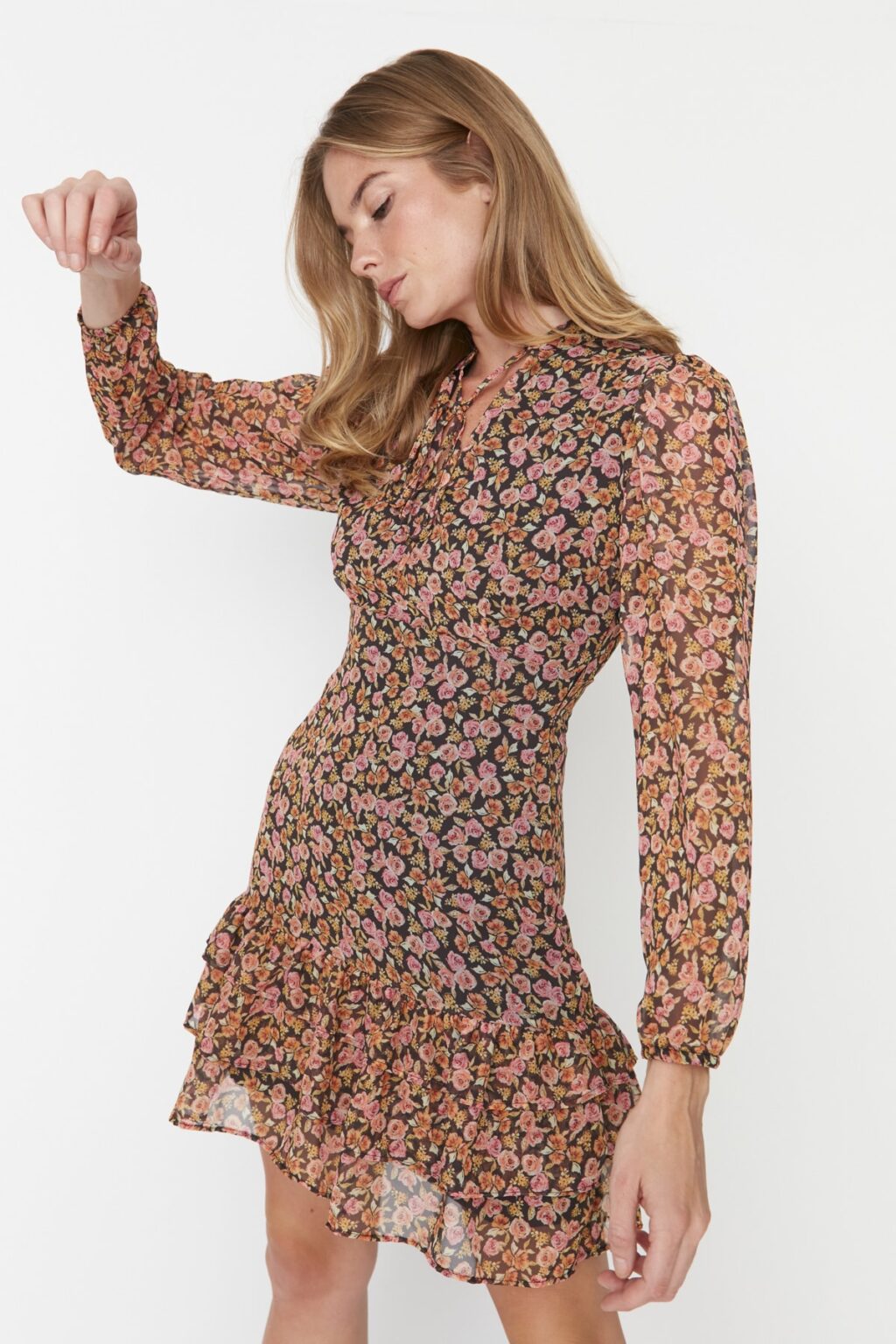 Trendyol Multi Color Ruffle Detail nyomtatott sifon szőtt ruha