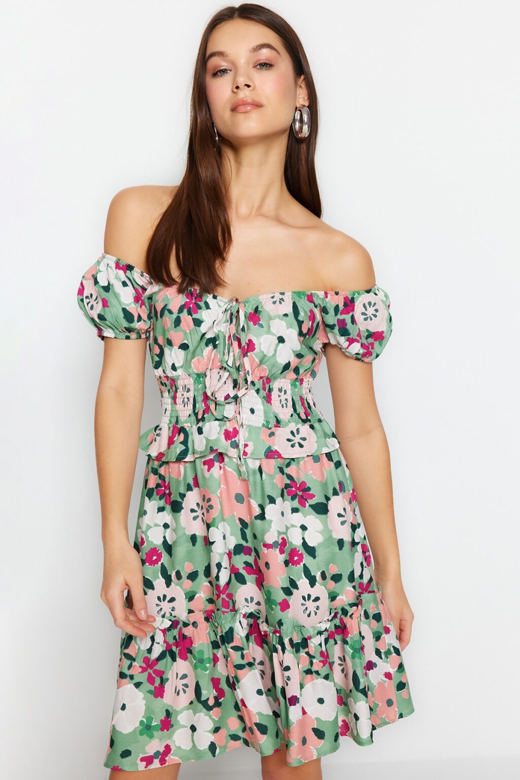 Trendyol Multi Color deréknyitott Mini szőtt virágmintás szőtt ruha