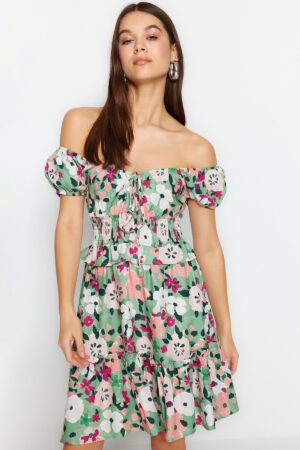 Trendyol Multi Color deréknyitott Mini szőtt virágmintás szőtt ruha