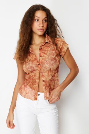 Trendyol Multi-Colored Fitted Shirt Collar Tulle Stretch Knitted Blouse Trendyol Multi-Colored Fitted Shirt Collar Tulle Stretch Knitted Blouse