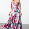Trendyol Multi-Colored Floral Patterned One-Shoulder Woven Long Elegant Evening Dress