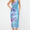 Trendyol Multi-Colored One-Sleeve Body-Fitting Accessory Detailed Tulle Flexible Knitted Midi Pencil Dress