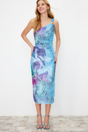 Trendyol Multi-Colored One-Sleeve Body-Fitting Accessory Detailed Tulle Flexible Knitted Midi Pencil Dress