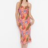 Trendyol Multi-colored Fitted Midi Midi Dress With Low-Cut Back Floral Print