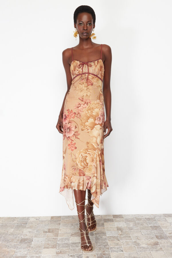 Trendyol Multicolored A-Line Floral Patterned Ruffle Knitted Tulle Dress