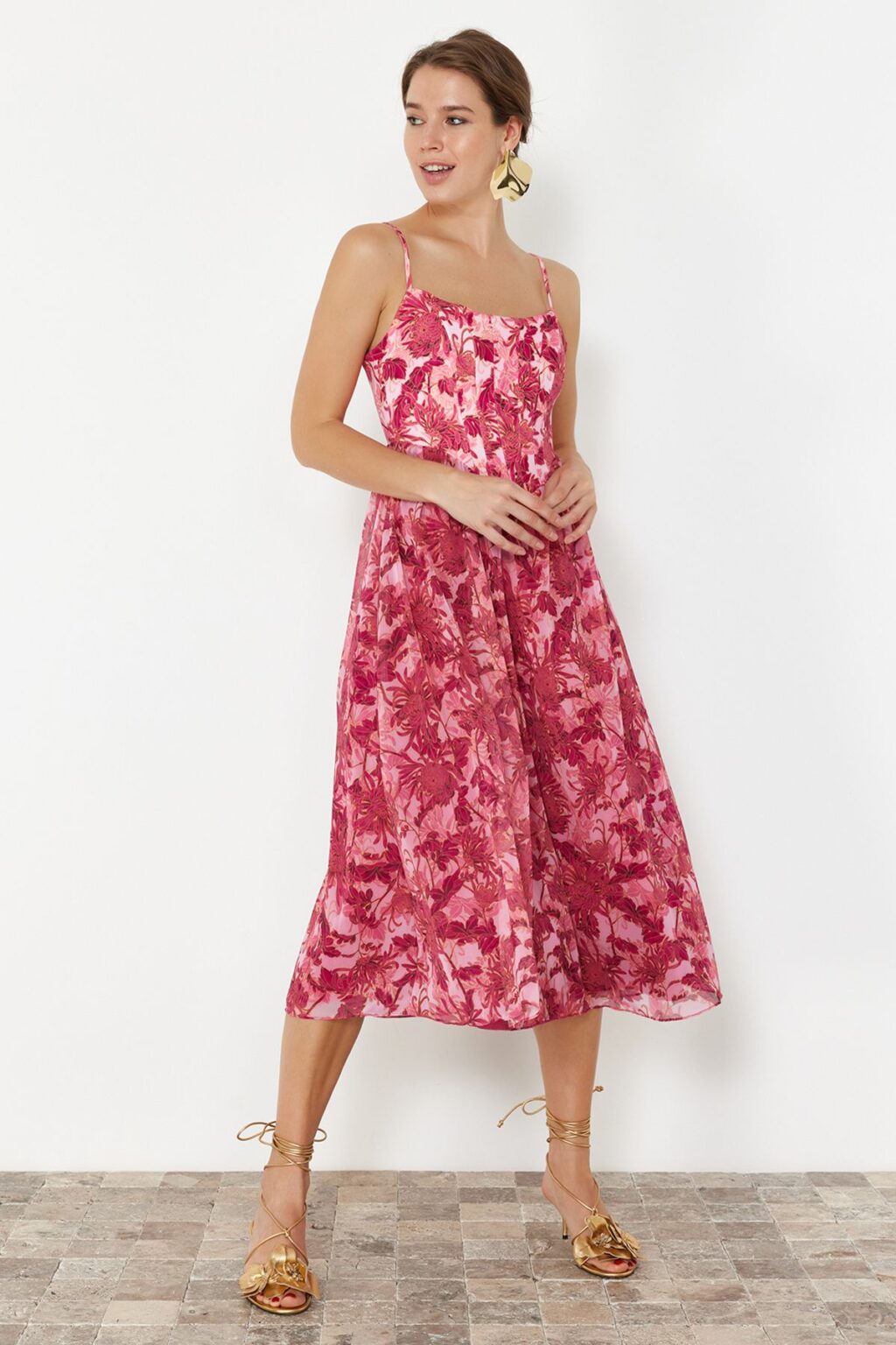 Trendyol Multicolored A-Line Lined Corset Detailed Woven Tulle Elegant Evening Dress