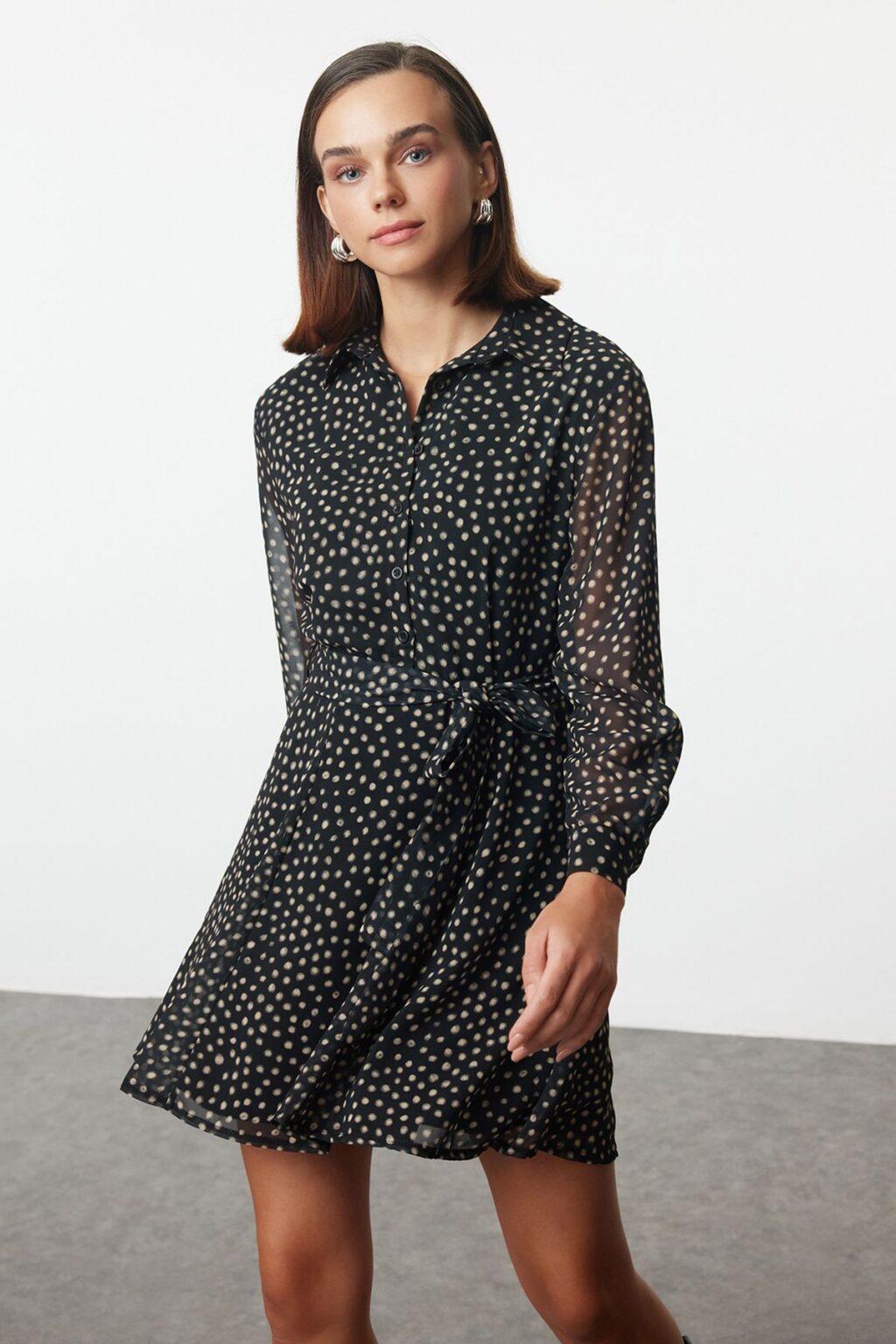 Trendyol Multicolored Belted Polka Dot Waist Opening Lined Mini Chiffon Woven Winter Dress