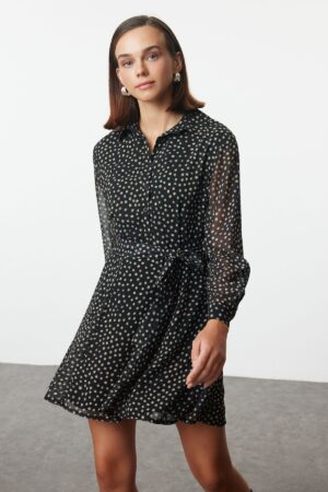 Trendyol Multicolored Belted Polka Dot Waist Opening Lined Mini Chiffon Woven Winter Dress