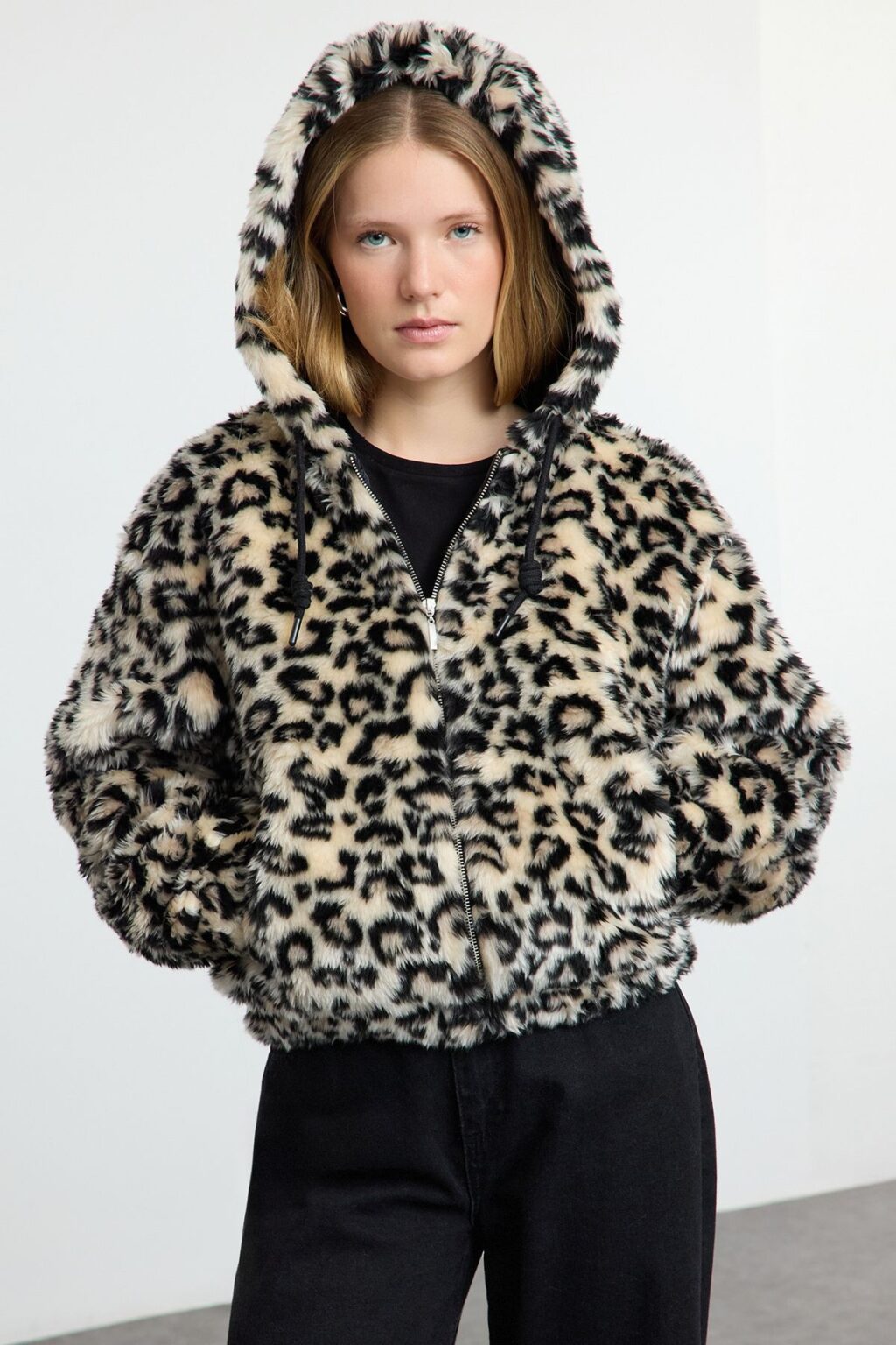 Trendyol Multicolored Brown Leopard Pattern Oversize Patterned Hooded Plush Coat