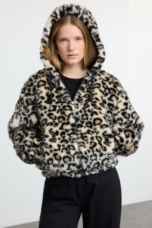 Trendyol Multicolored Brown Leopard Pattern Oversize Patterned Hooded Plush Coat