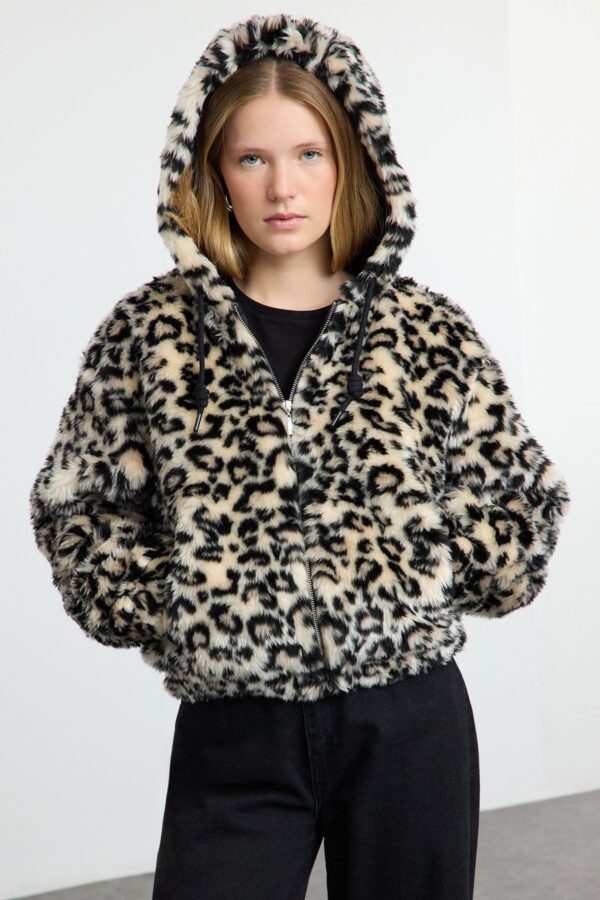 Trendyol Multicolored Brown Leopard Pattern Oversize Patterned Hooded Plush Coat