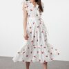 Trendyol Multicolored Floral Cherry Belted A-Line Double Breasted Collar Woven Dress