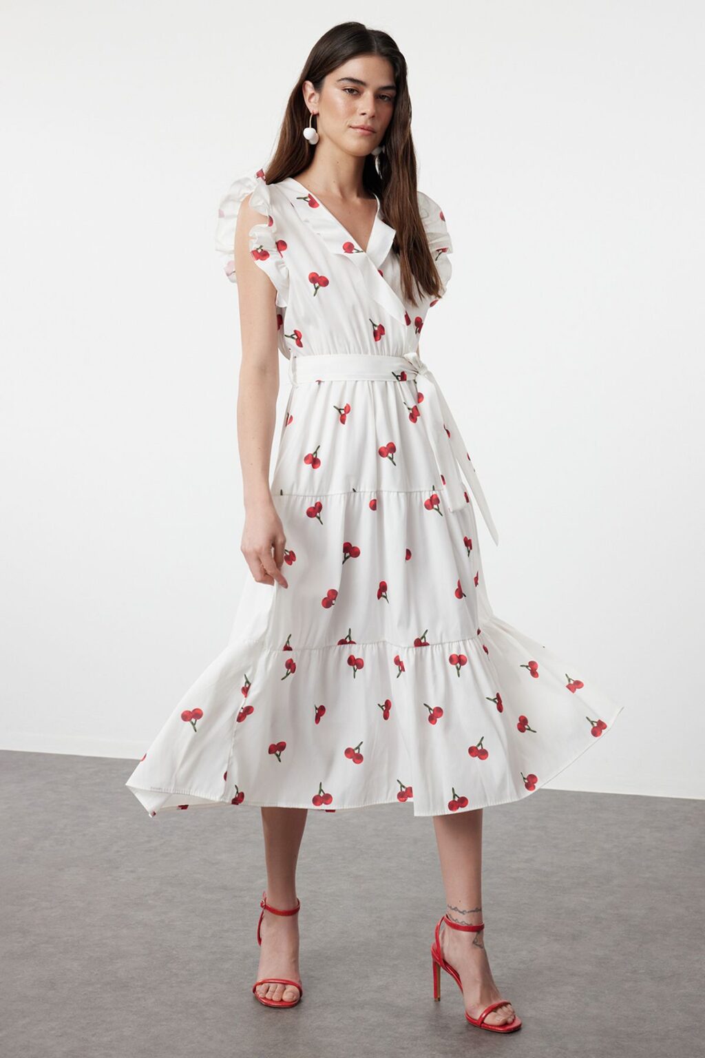 Trendyol Multicolored Floral Cherry Belted A-Line Double Breasted Collar Woven Dress