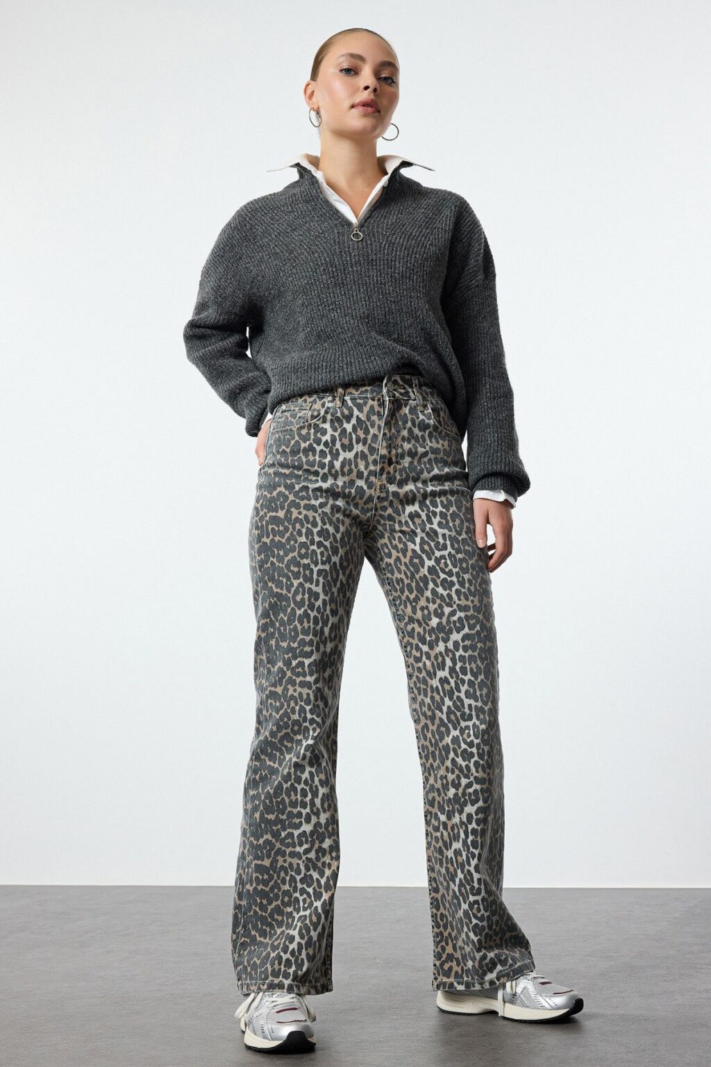 Trendyol Multicolored Leopard Patterned Brown High Waist Wide Leg Jeans