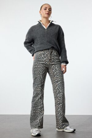 Trendyol Multicolored Leopard Patterned Brown High Waist Wide Leg Jeans