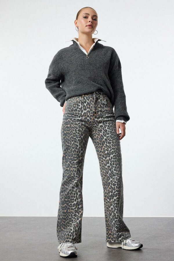 Trendyol Multicolored Leopard Patterned Brown High Waist Wide Leg Jeans