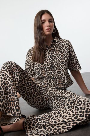 Trendyol Multicolored Leopard Print Brown Denim Shirt Trendyol Multicolored Leopard Print Brown Denim Shirt