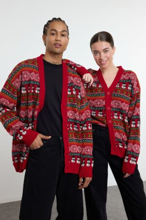 Trendyol Multicolored Unisex Regular Fit Wool Wide Pattern Christmas Knitted Cardigan
