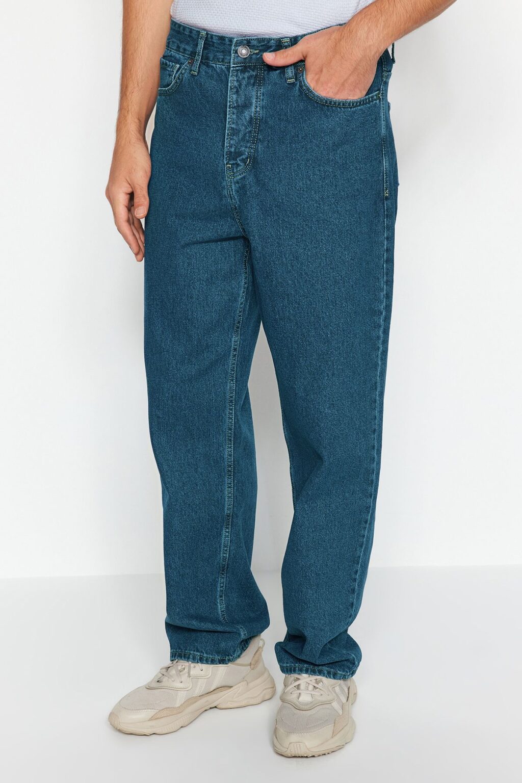 Trendyol Navy Blue 100% Cotton Distressed Look Baggy Fit Jeans