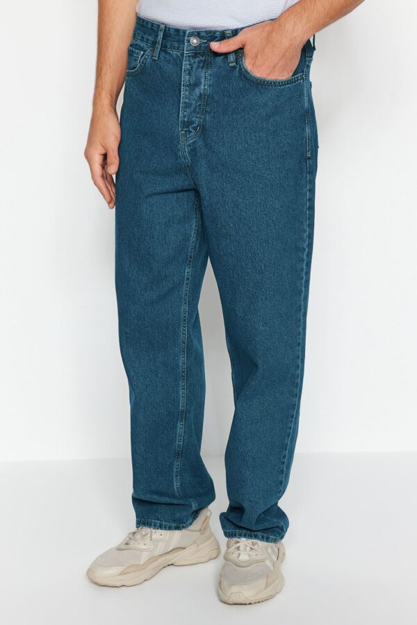 Trendyol Navy Blue 100% Cotton Distressed Look Baggy Fit Jeans