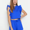 Trendyol Navy Blue 100% Cotton Frilled Shorts Knitted Pajamas Set