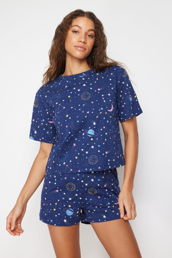 Trendyol Navy Blue 100% Cotton Galaxy Patterned Knitted Pajama Set with Shorts