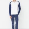 Trendyol Navy Blue 100% Cotton Plaid Knitted 100% Cotton Pajama Set