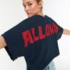 Trendyol Navy Blue 100% Cotton Printed Relaxed/Wide Relaxed Cut Crew Neck Knitted T-Shirt
