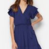 Trendyol Navy Blue 100% pamutfodros részletes dupla mellű mini kötött ruha fodor részletekkel az ujjakon