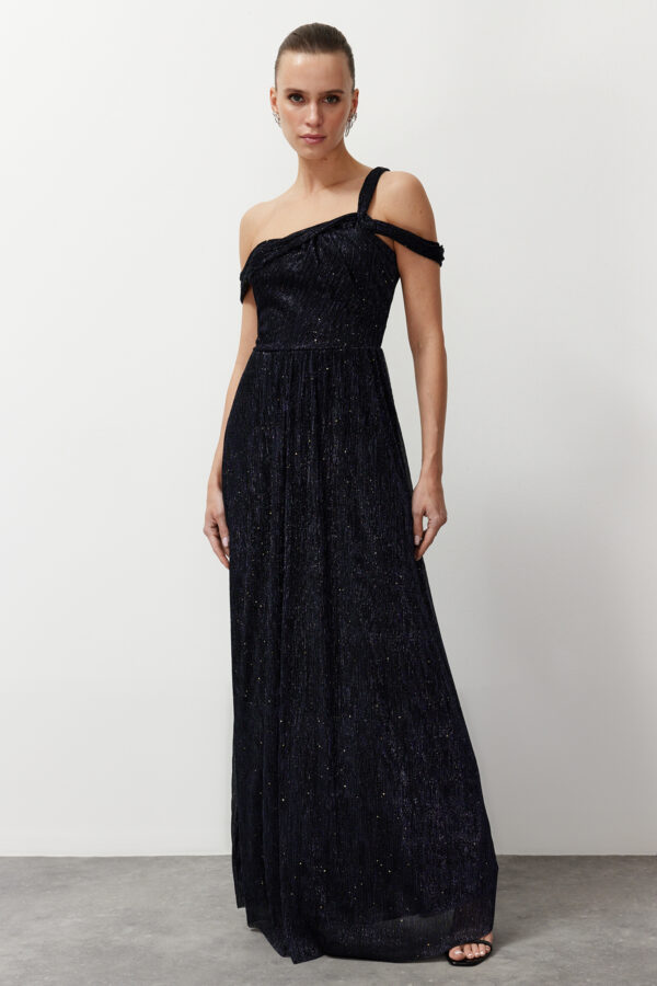 Trendyol Navy Blue A-Cut Asymmetrical Neckline Knitted Long Evening Dress