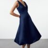 Trendyol Navy Blue A-Cut Matte Satin Balloon Skirt Detail Chic Midi Evening Dress