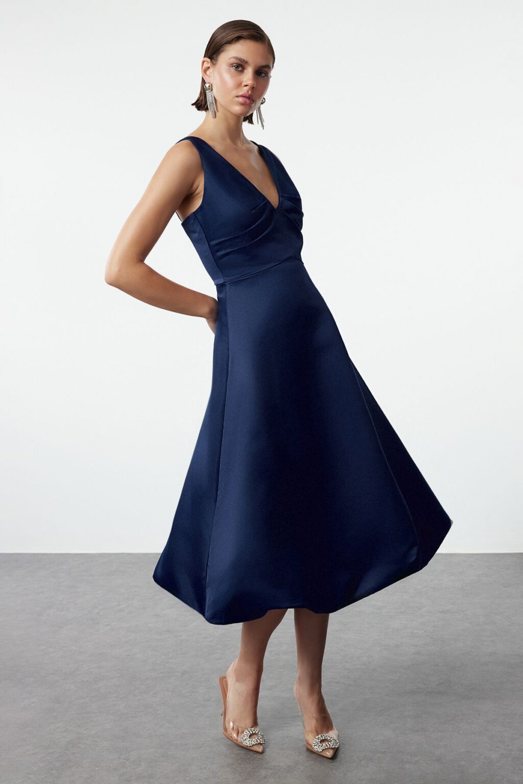 Trendyol Navy Blue A-Cut Matte Satin Balloon Skirt Detail Chic Midi Evening Dress
