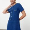 Trendyol Navy Blue A-Line Button Detailed Mini Tweed Woven Dress