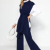 Trendyol Navy Blue Belted Brass Knitted Sweater-Trousers Knitwear Two Piece Set