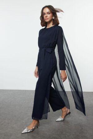 Trendyol Navy Blue Belted Chiffon Woven Jumpsuit