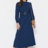 Trendyol Navy Blue Belted High Collar Linen Look Woven Dress