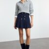 Trendyol Navy Blue Button Detail Pleated Weaving Skirt