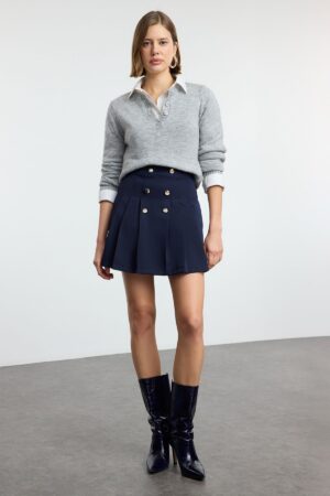 Trendyol Navy Blue Button Detail Pleated Weaving Skirt